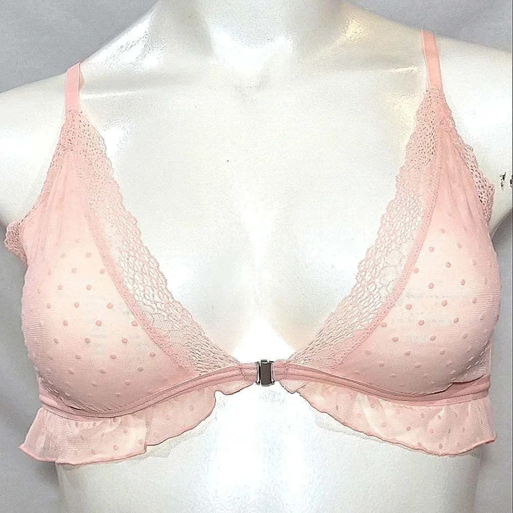 XS Xhiliration Flocked Dot Ruffle Wire Free Lace Bralette DayDream Pink‎ NWT